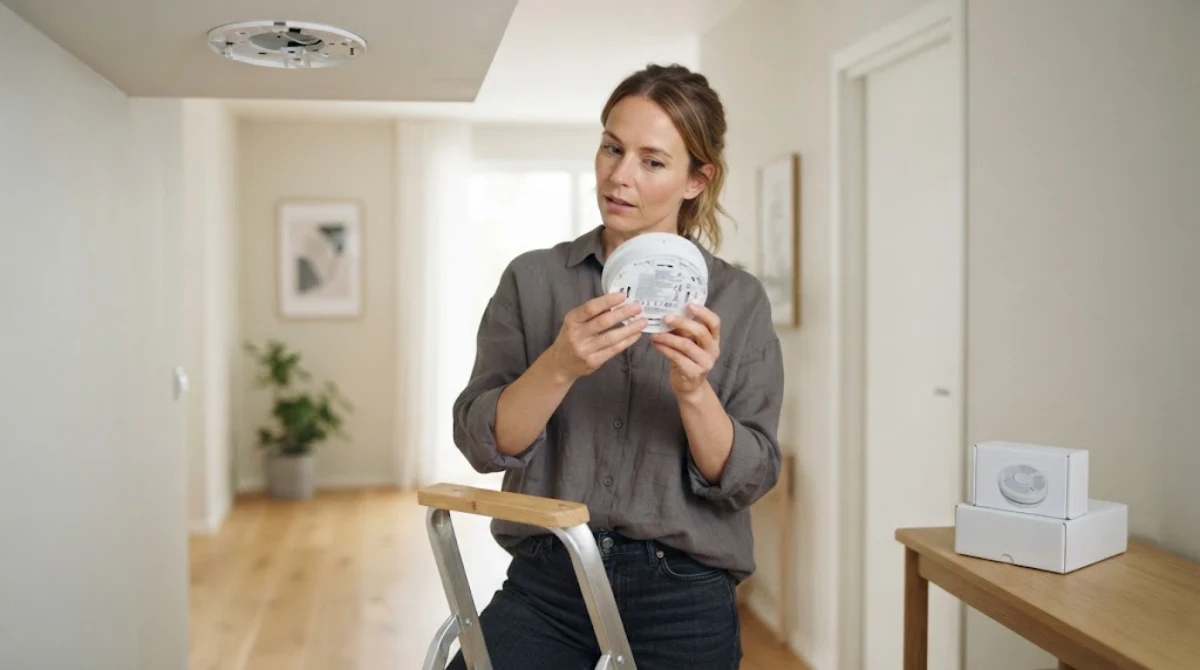 Person checking the manufacture date on the back of an old smoke detector