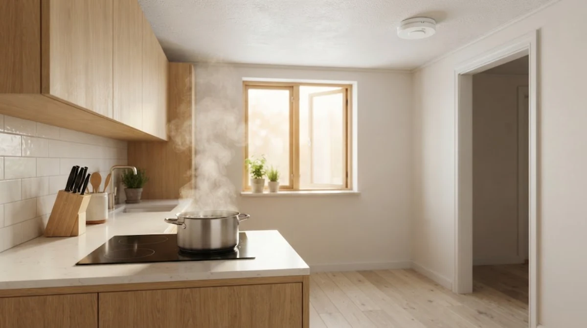 Steam from cooking near a ceiling smoke detector causing false alarm beeping