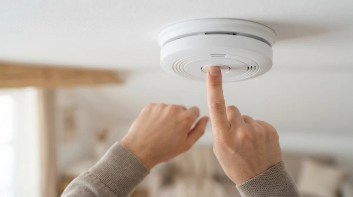 Finger pressing the test and silence button on a chirping smoke alarm