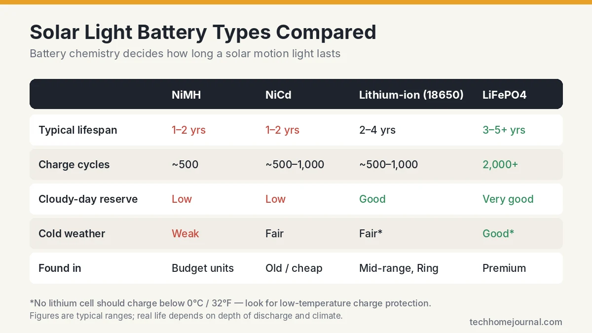Comparison table of solar motion light battery types NiMH, NiCd, lithium-ion 18650 and LiFePO4 by lifespan, cycles and cold weather