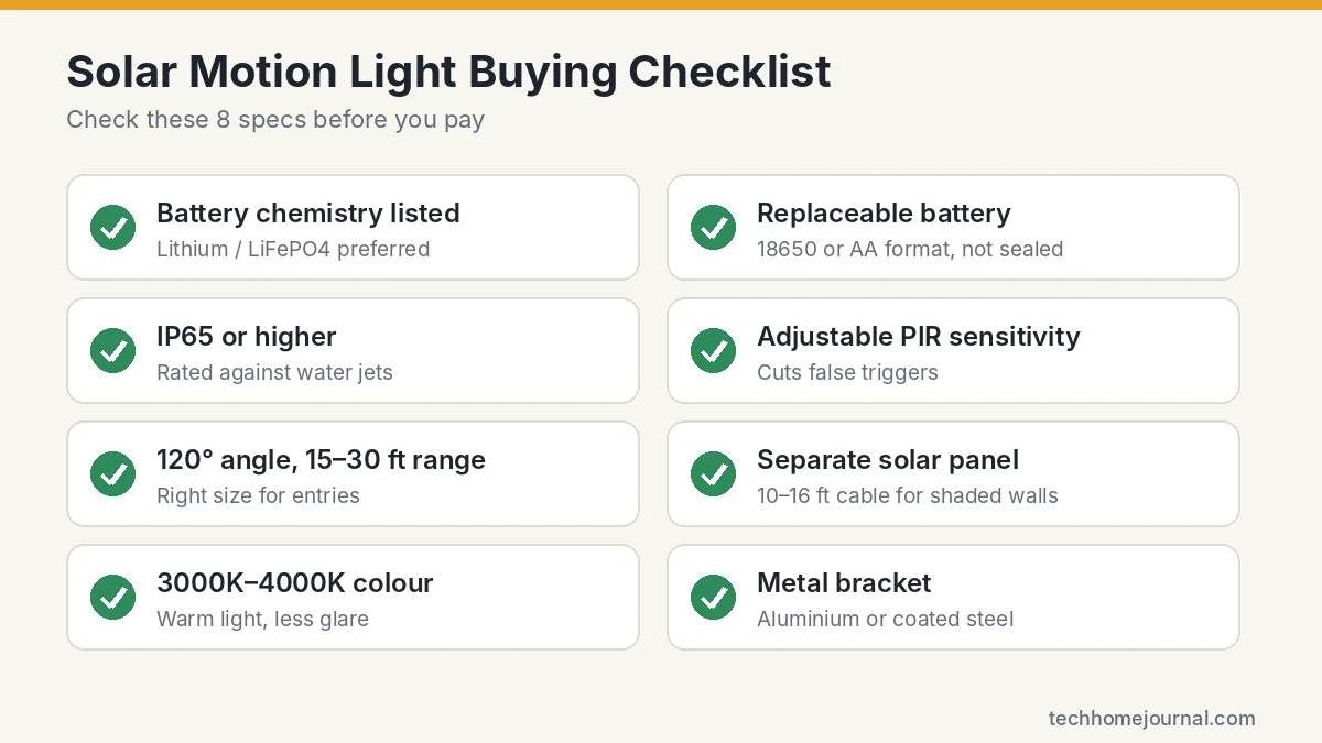 Solar motion sensor light buying checklist with battery, IP65 rating, PIR sensitivity, detection angle, separate panel and colour temperature