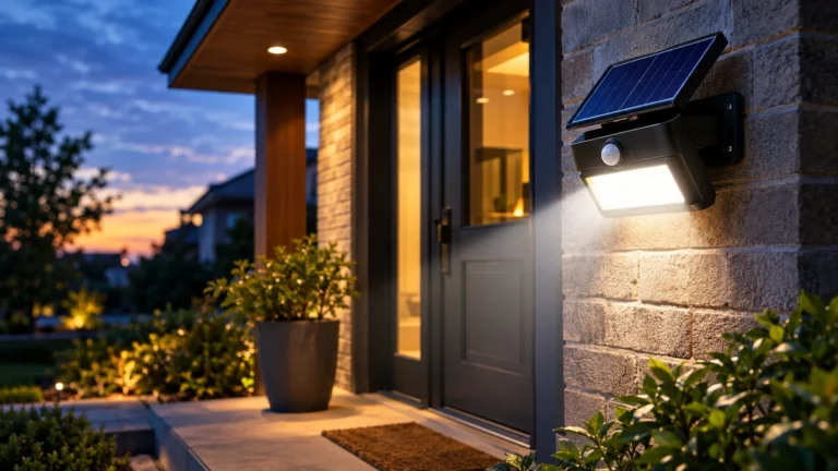 Solar motion sensor light mounted on an exterior wall beside a front entry at night