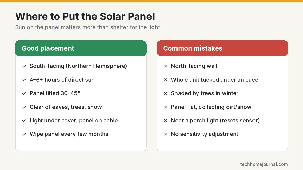 Solar motion light panel placement guide showing good south-facing placement versus common mistakes like north-facing walls and eaves