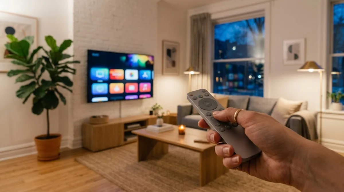 Hand holding a streaming remote in front of a smart TV home screen full of streaming app tiles