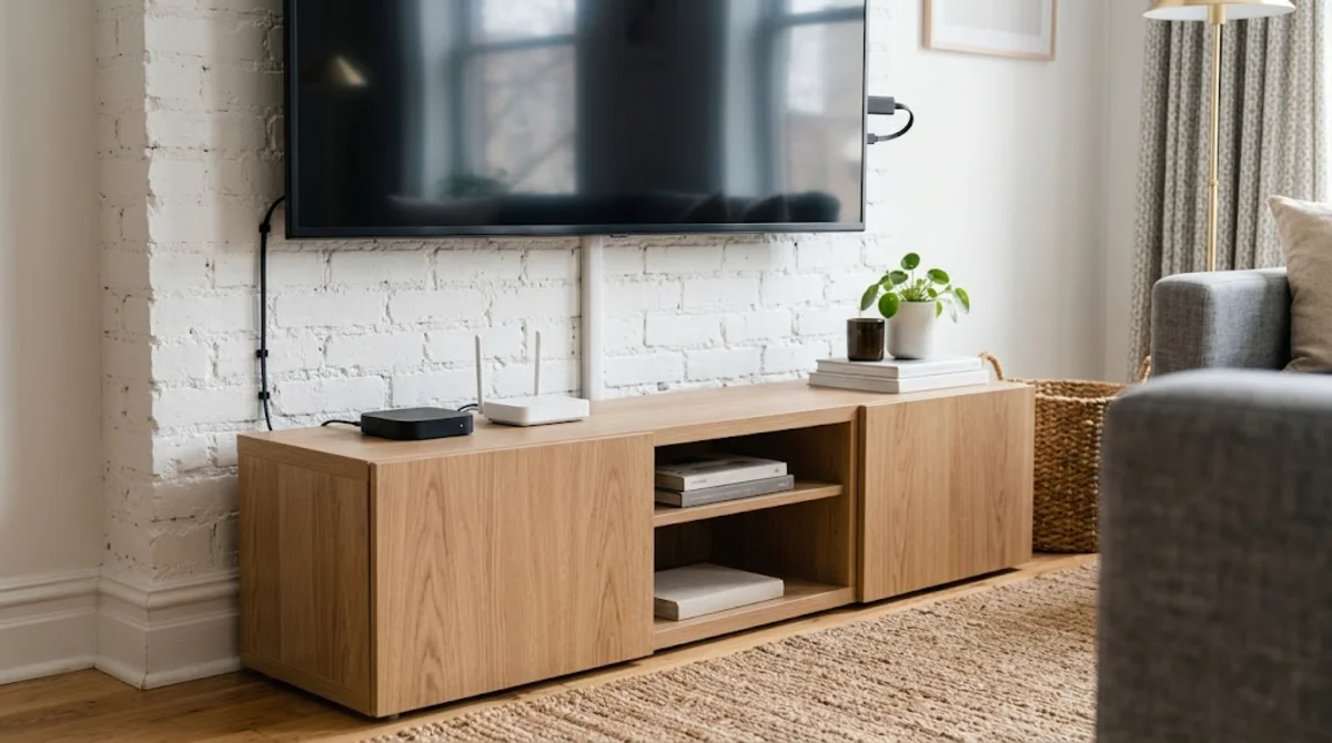 Streaming box and router on a light oak TV media console under a wall-mounted TV