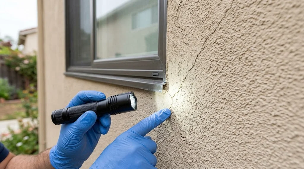 Inspector with a flashlight checking a hairline crack below a window in a stucco wall