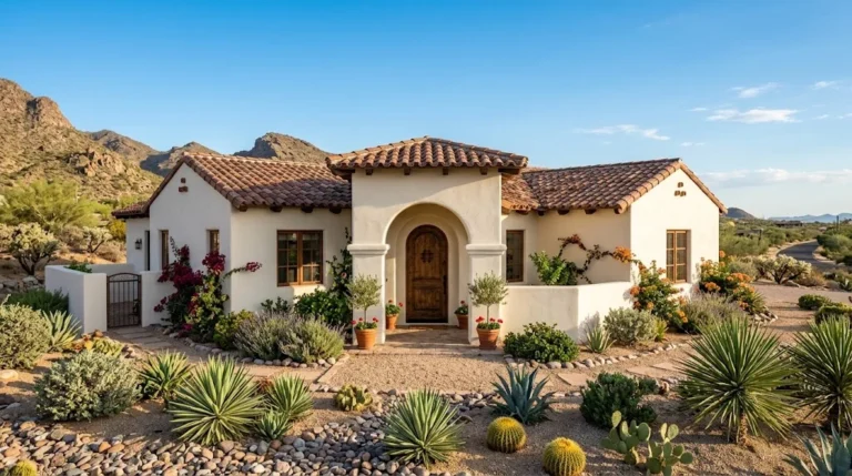 Cream stucco house with terracotta tile roof and arched entry in a desert landscape
