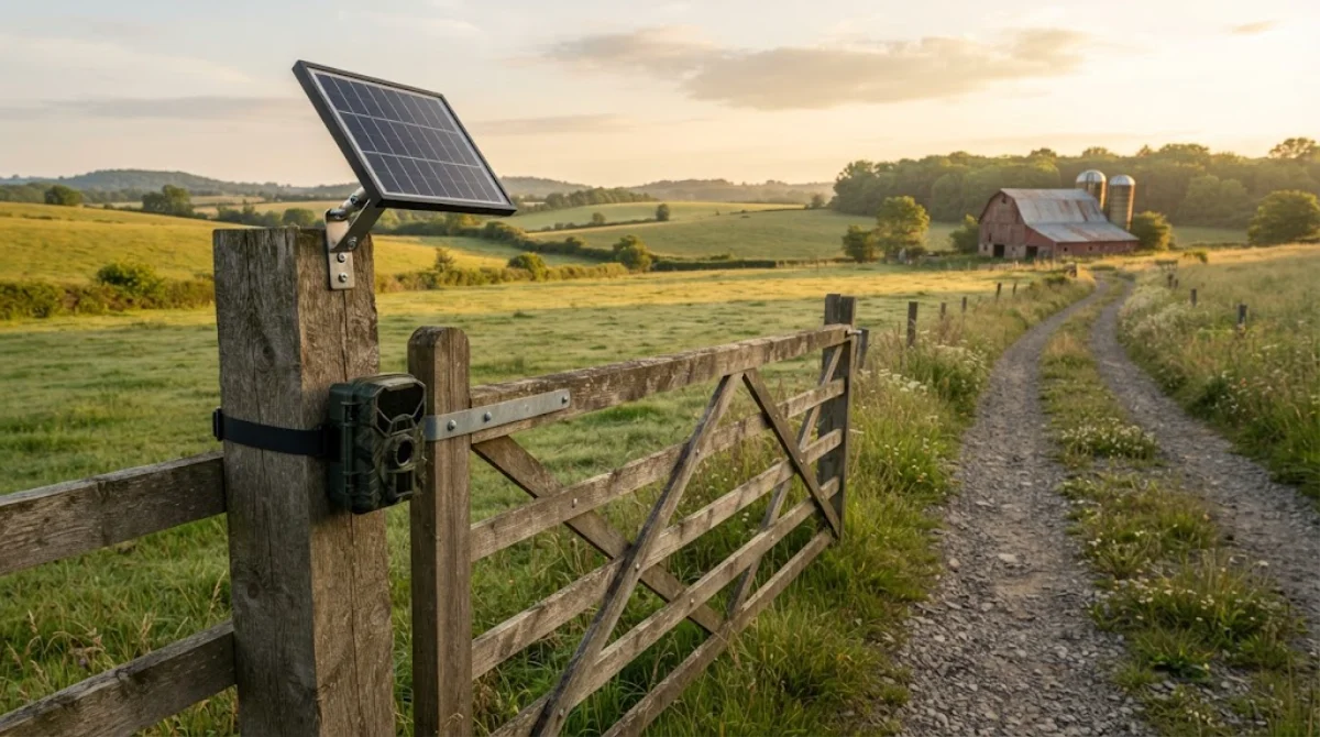 Tactacam Defend style cellular security camera strapped to a fence post at a rural farm gate with a small solar panel above it
