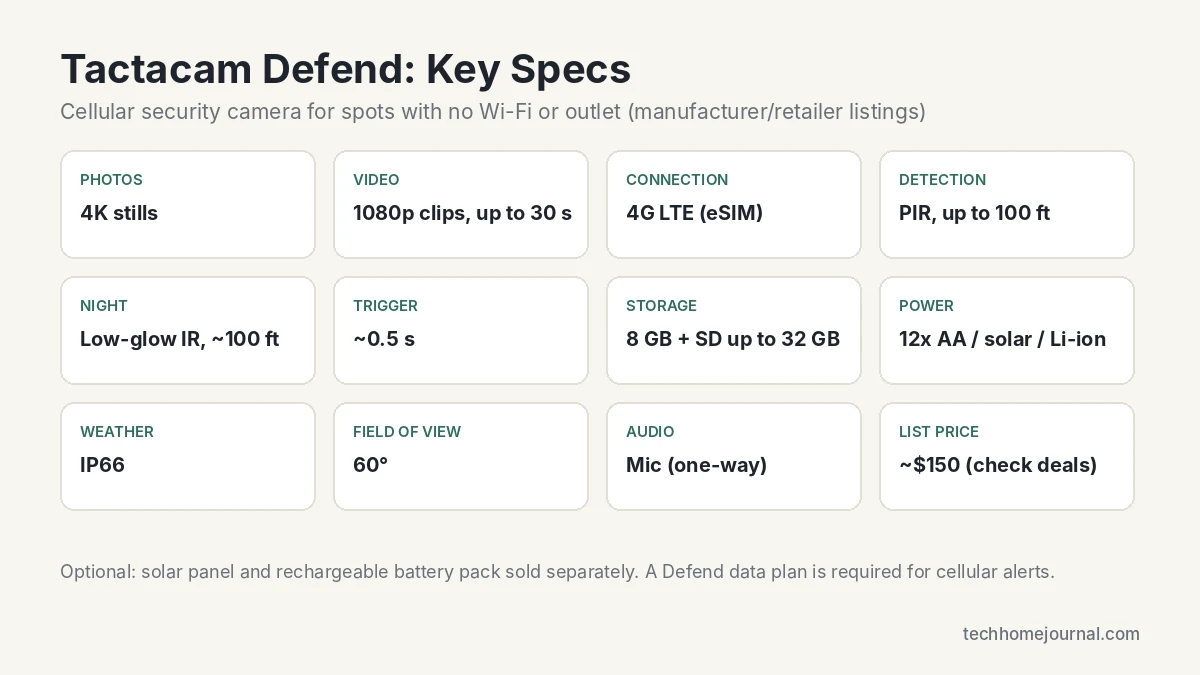 Tactacam Defend security camera specs infographic: 4K photos, 1080p video, 4G LTE, 100 ft PIR detection, IP66, 12 AA batteries