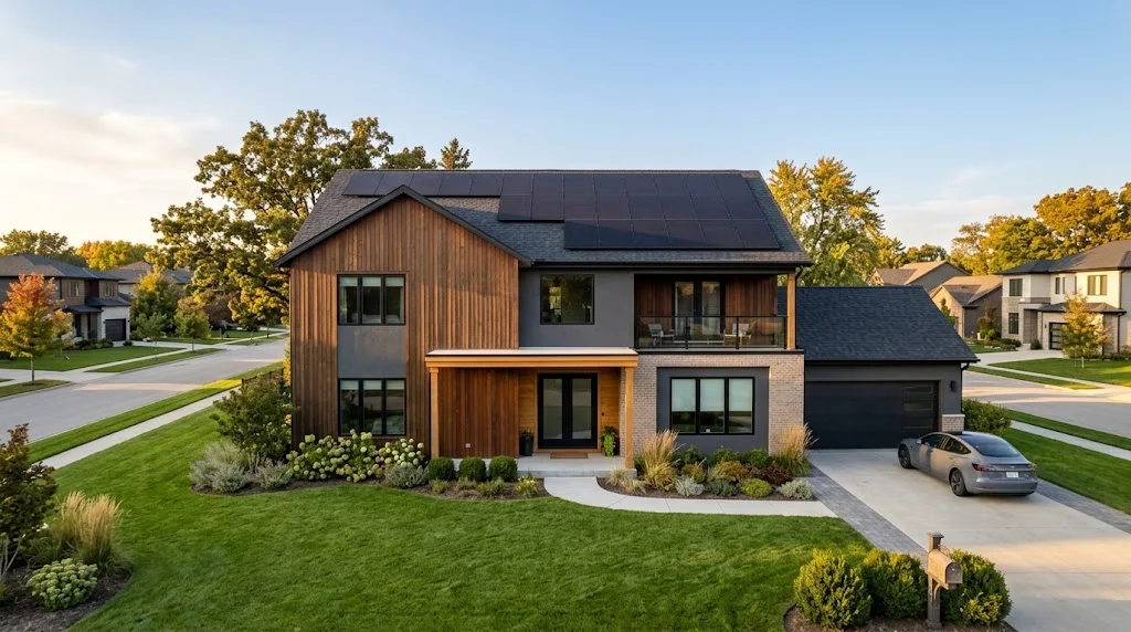 Modern suburban home with all-black rooftop solar panels at golden hour