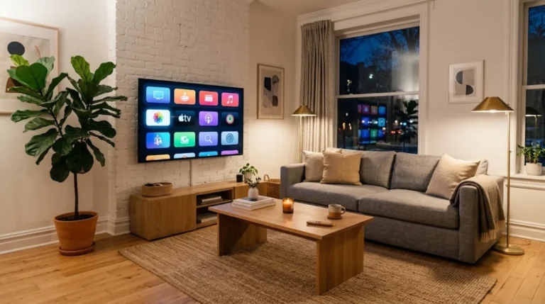 Smart TV showing streaming apps on the wall of a bright Scandinavian living room