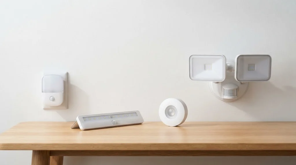 Different types of motion sensor lights including a plug-in night light, battery LED bar, puck light and outdoor motion floodlight