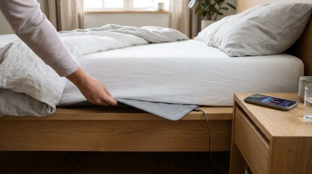 Under-mattress sleep tracker pad being placed beneath a mattress with sleep data on a phone