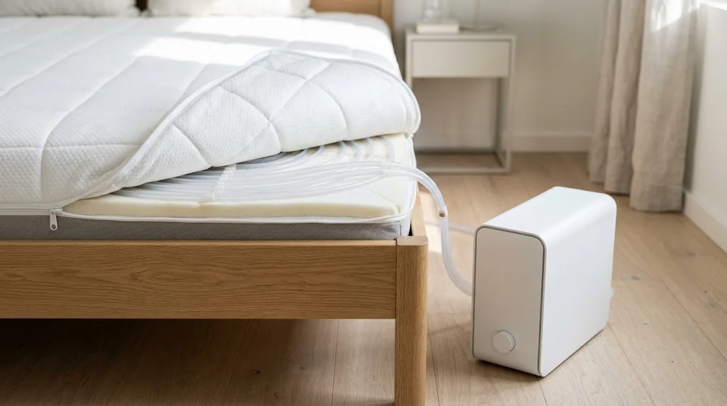 Water-based cooling smart mattress topper connected to a bedside control unit