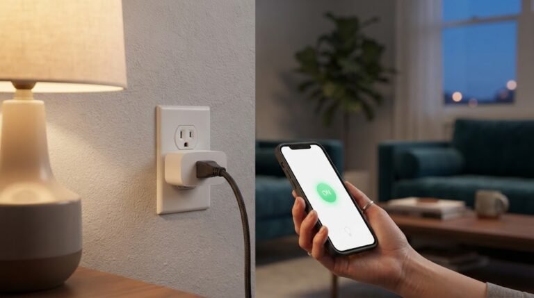 Smart plug controlling a lamp from a smartphone in a living room