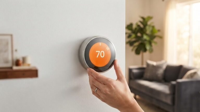 Smart thermostat on a living room wall being adjusted