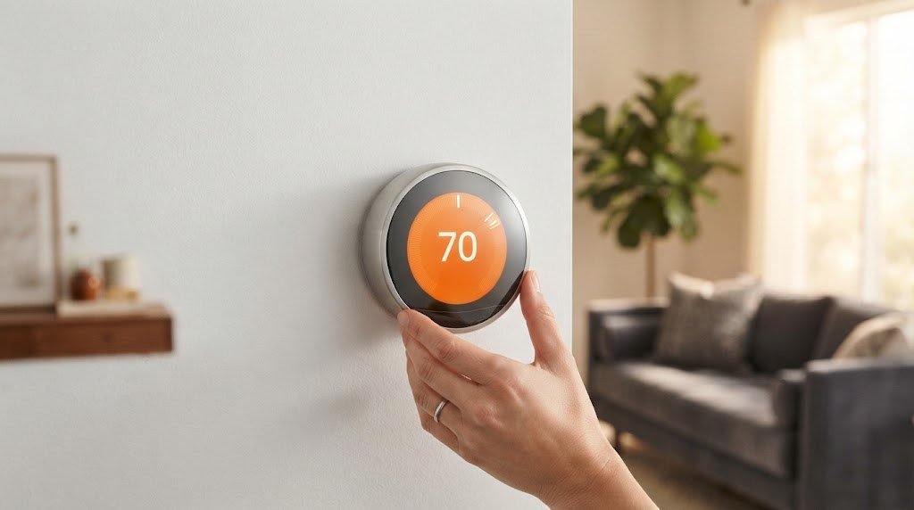 Smart thermostat on a living room wall being adjusted