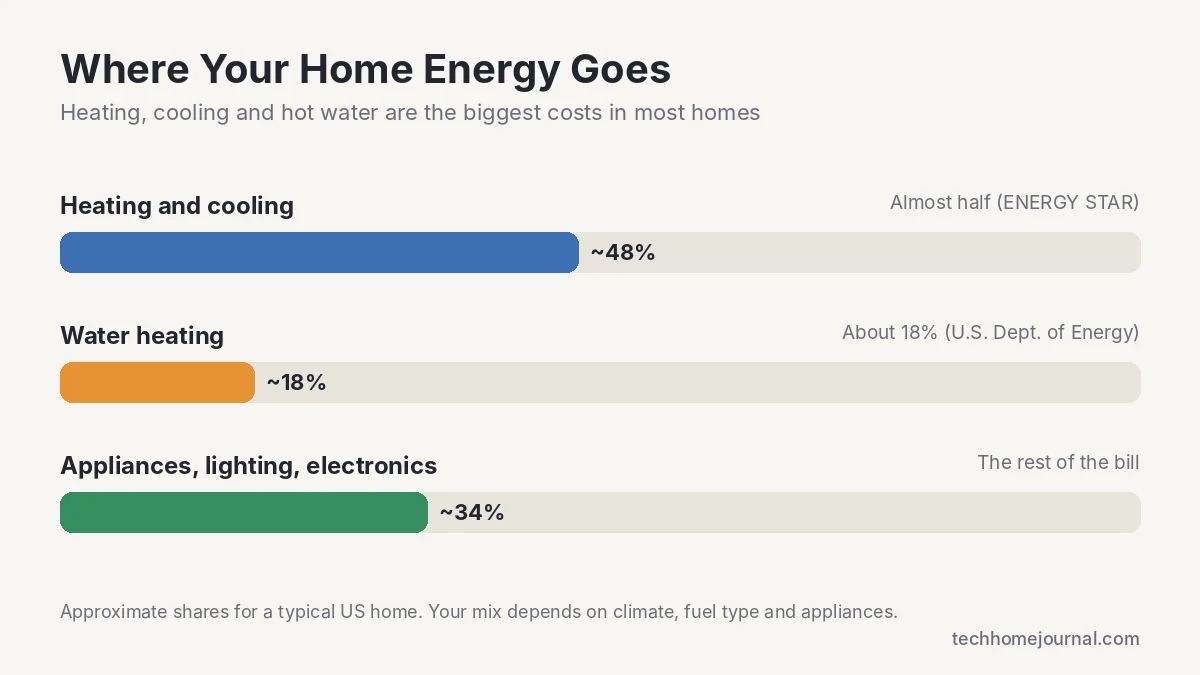 Bar chart showing home energy use: heating and cooling almost half, water heating about 18 percent, appliances and lighting the rest