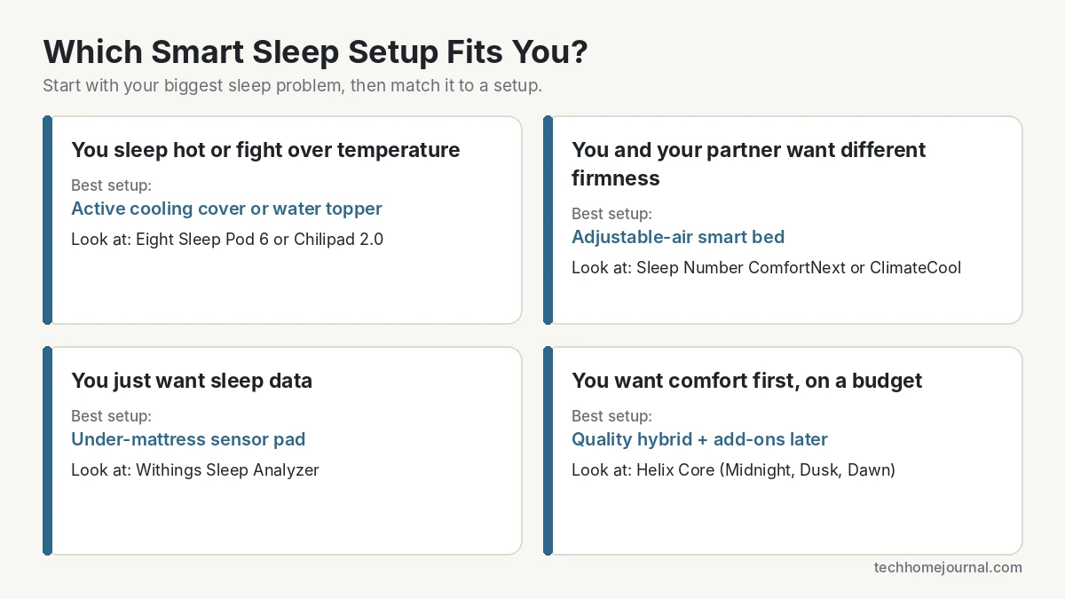 Guide to choosing a smart mattress setup by sleep problem: cooling, adjustable firmness, tracking or budget