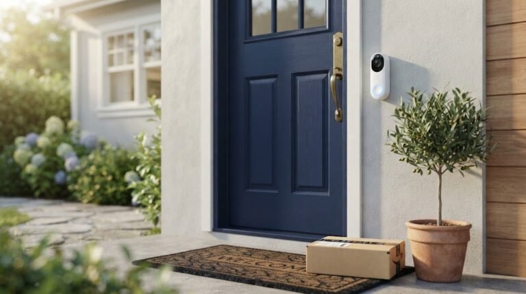 Best wireless doorbell camera with no subscription beside a navy blue front door